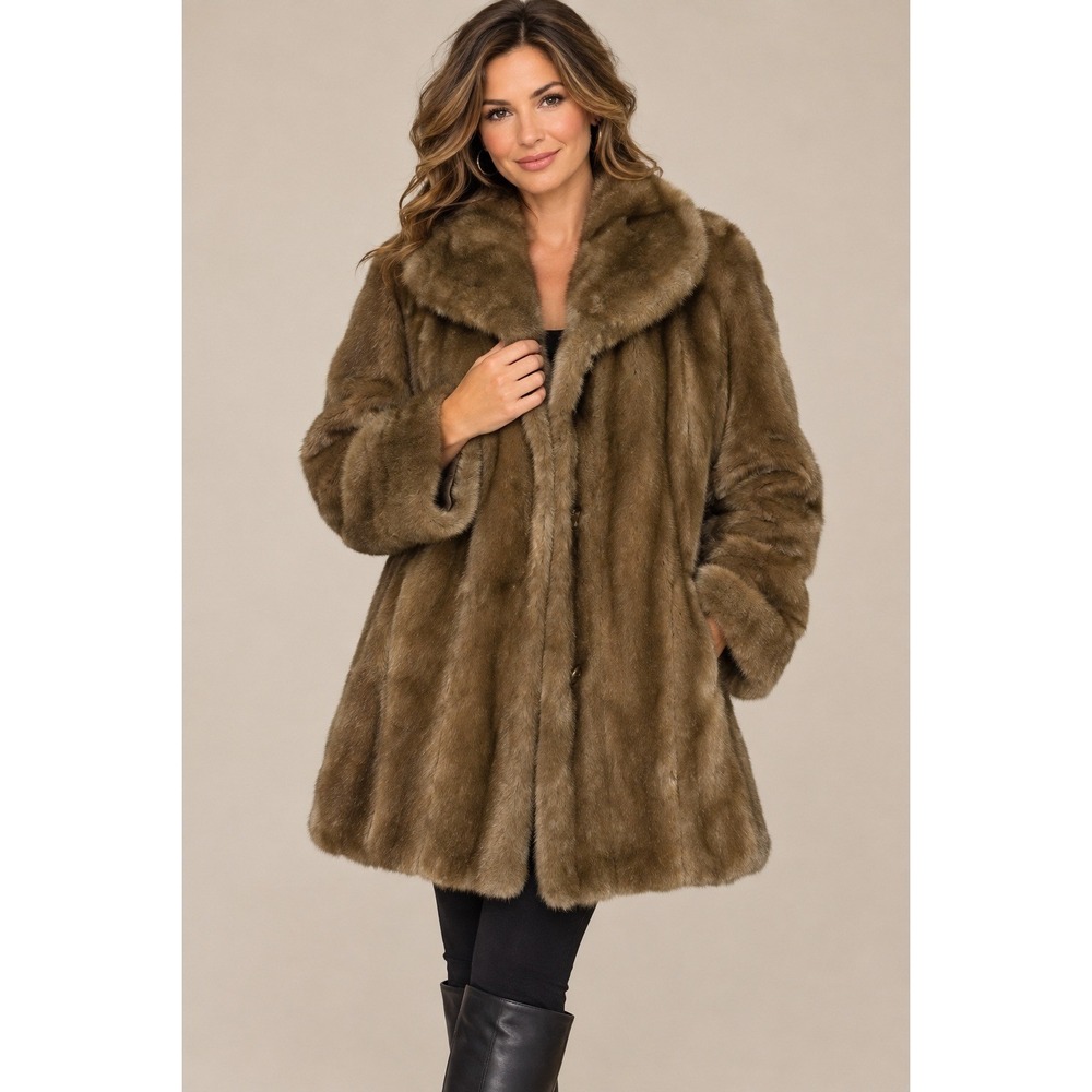 Vintage Country Pacer Tissavel Faux Fur Coat Brown Shawl Collar Size 8 France